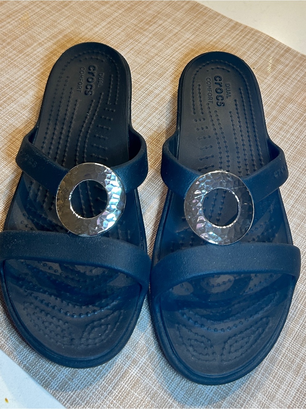 CROCS Black Slide Sandals with Silver Hammered Ring